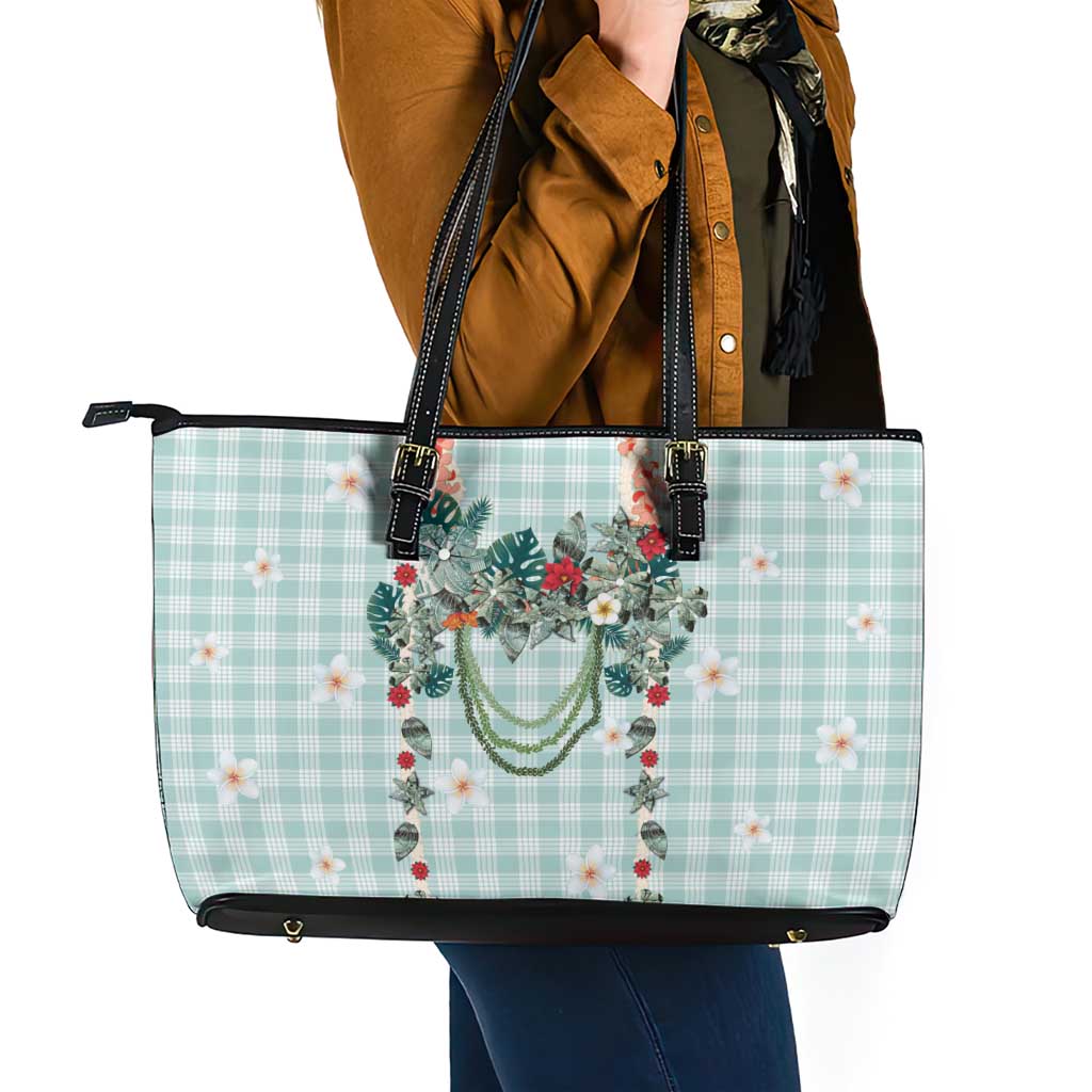 Turquoise Hawaiian Palaka Leather Tote Bag Kukui Nut Money Lei - Polynesian Pride