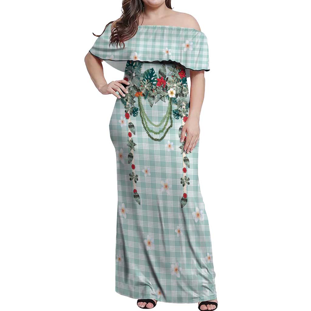 Turquoise Hawaiian Palaka Off Shoulder Maxi Dress Kukui Nut Money Lei LT9 Women Turquoise - Polynesian Pride