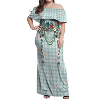Turquoise Hawaiian Palaka Off Shoulder Maxi Dress Kukui Nut Money Lei LT9 Women Turquoise - Polynesian Pride