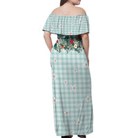 Turquoise Hawaiian Palaka Off Shoulder Maxi Dress Kukui Nut Money Lei LT9 - Polynesian Pride