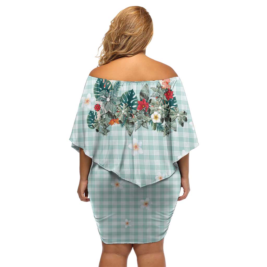 Turquoise Hawaiian Palaka Off Shoulder Short Dress Kukui Nut Money Lei - Polynesian Pride