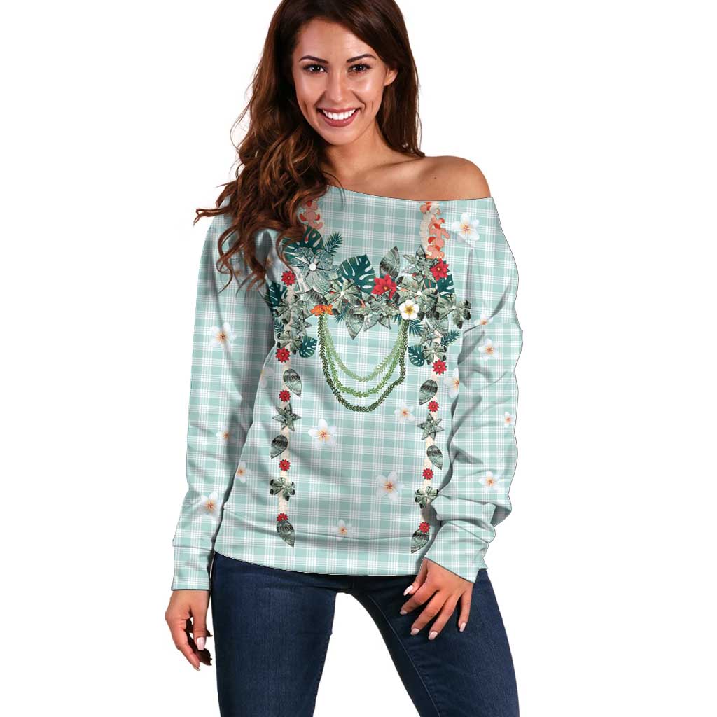Turquoise Hawaiian Palaka Off Shoulder Sweater Kukui Nut Money Lei - Polynesian Pride