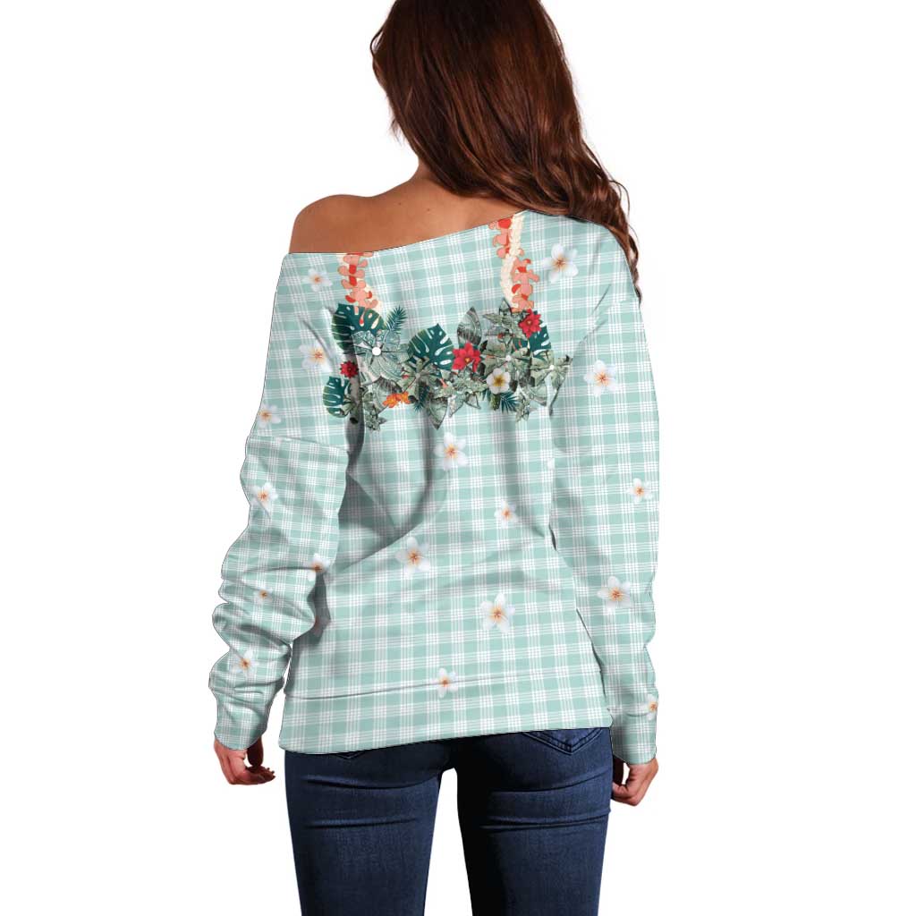 Turquoise Hawaiian Palaka Off Shoulder Sweater Kukui Nut Money Lei - Polynesian Pride