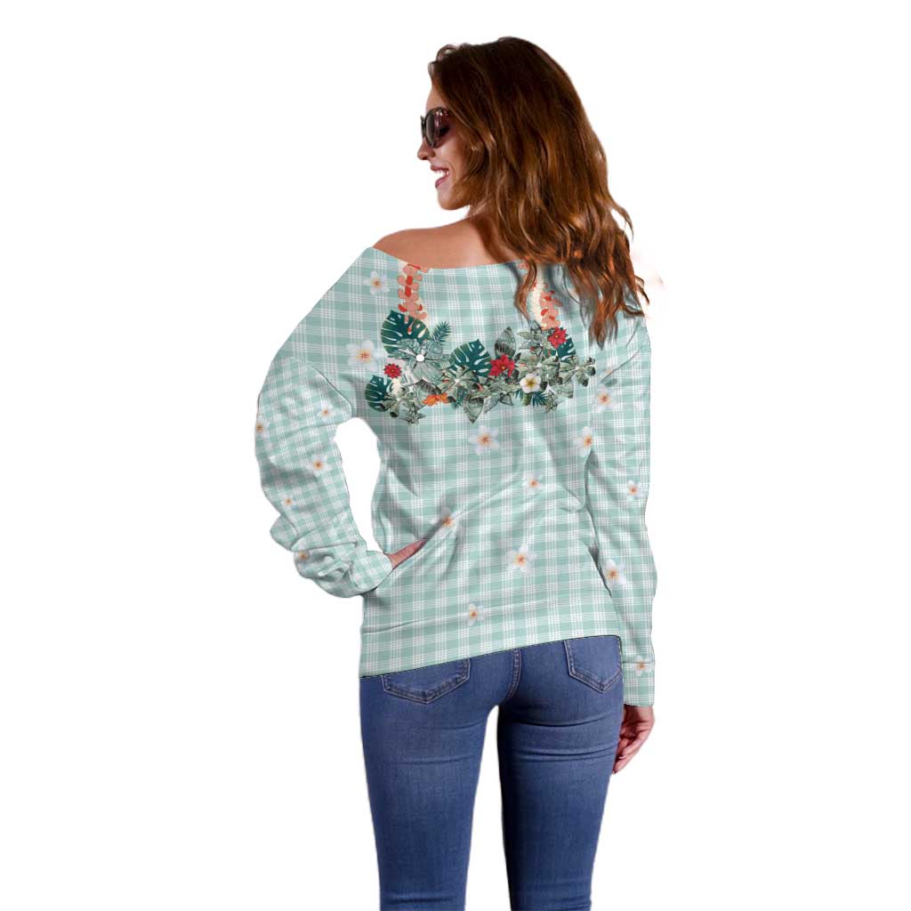 Turquoise Hawaiian Palaka Off Shoulder Sweater Kukui Nut Money Lei - Polynesian Pride