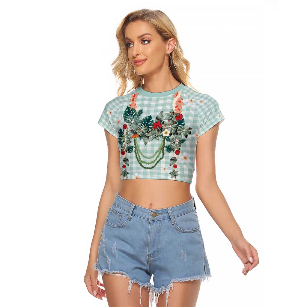 Turquoise Hawaiian Palaka Raglan Cropped T Shirt Kukui Nut Money Lei - Polynesian Pride