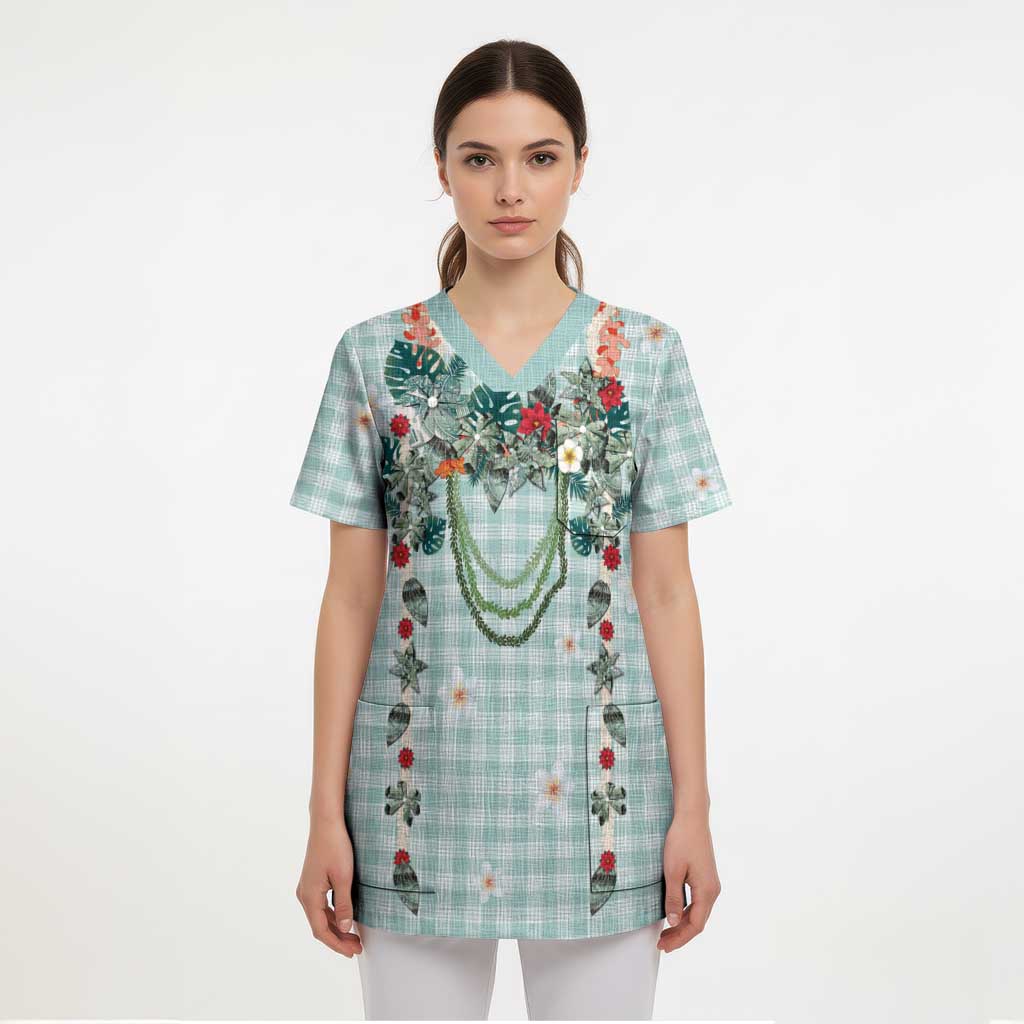 Turquoise Hawaiian Palaka Scrub Top Kukui Nut Money Lei - Polynesian Pride