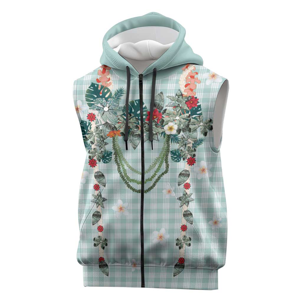Turquoise Hawaiian Palaka Sleeveless Zip Hoodie Kukui Nut Money Lei - Polynesian Pride