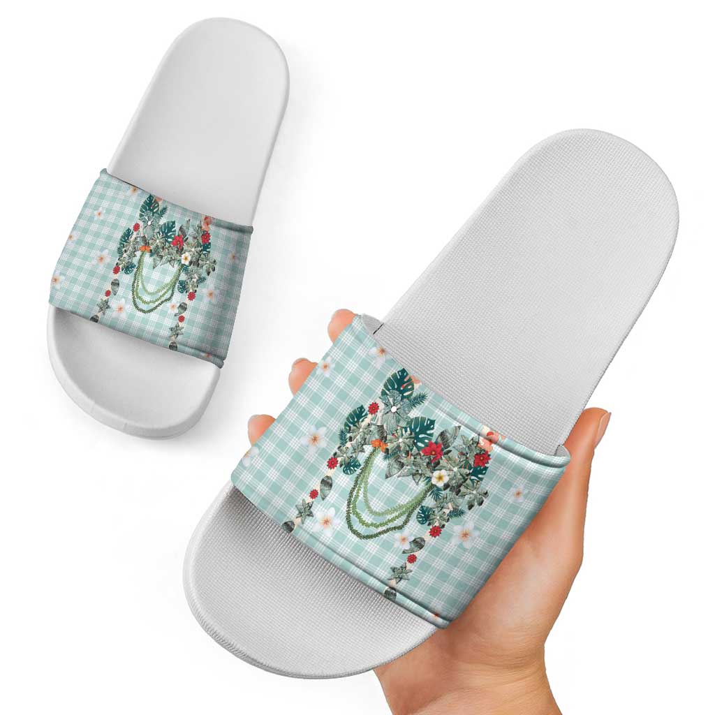 Turquoise Hawaiian Palaka Slide Sandals Kukui Nut Money Lei - Polynesian Pride