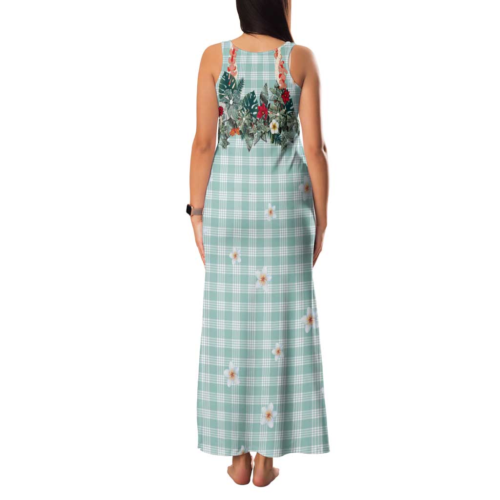 Turquoise Hawaiian Palaka Tank Maxi Dress Kukui Nut Money Lei - Polynesian Pride