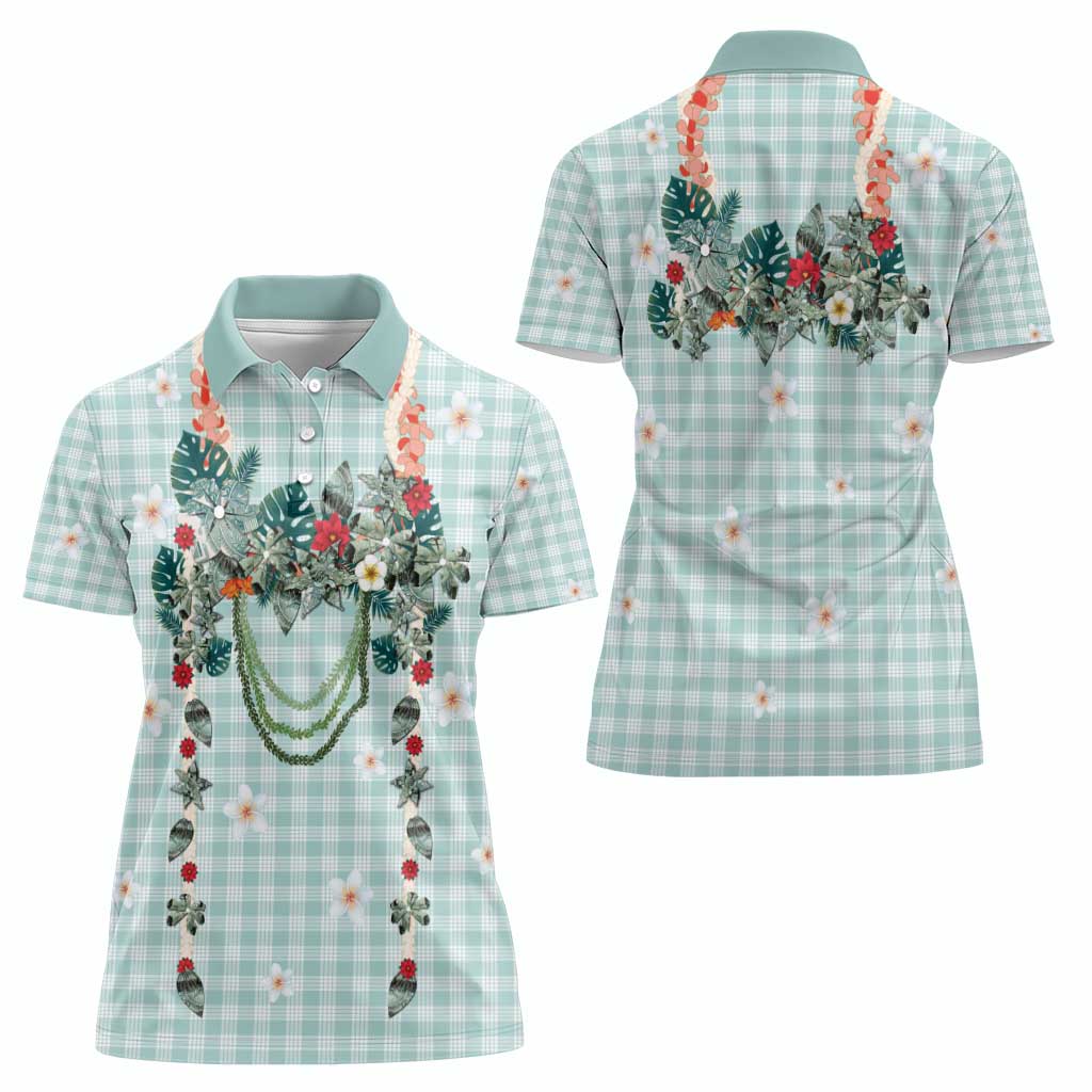 Turquoise Hawaiian Palaka Women Polo Shirt Kukui Nut Money Lei - Polynesian Pride
