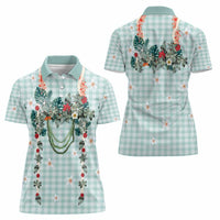 Turquoise Hawaiian Palaka Women Polo Shirt Kukui Nut Money Lei - Polynesian Pride