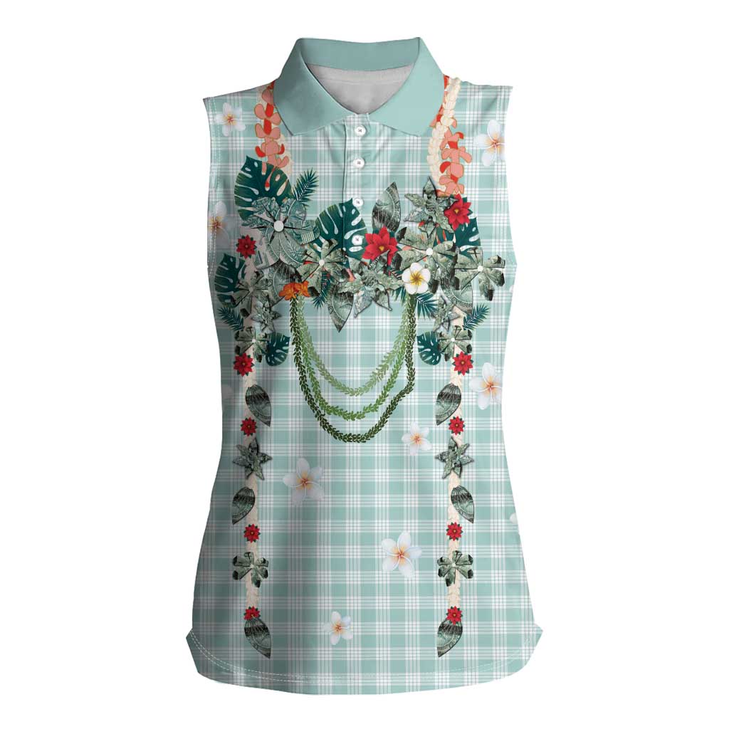 Turquoise Hawaiian Palaka Women Sleeveless Polo Shirt Kukui Nut Money Lei - Polynesian Pride