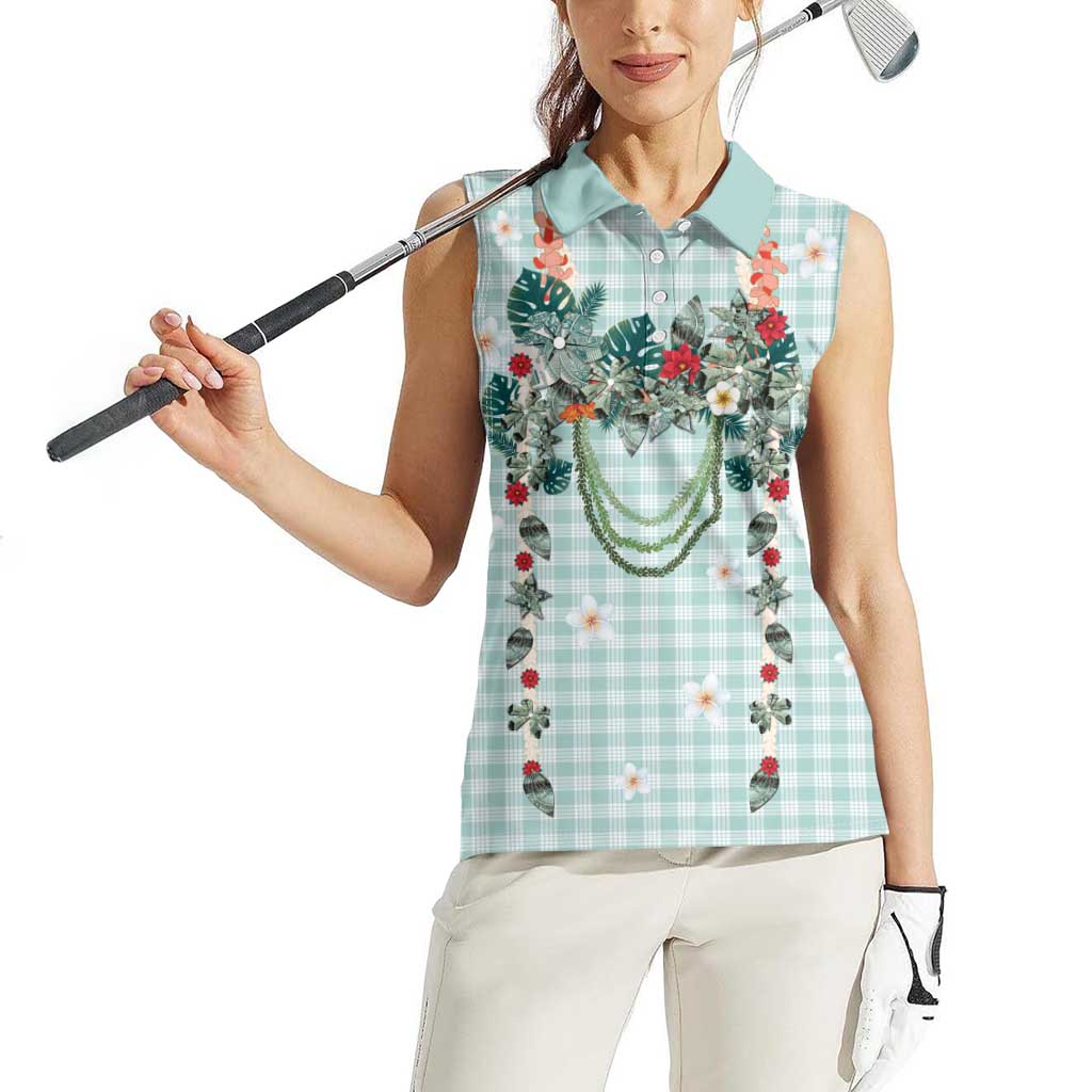 Turquoise Hawaiian Palaka Women Sleeveless Polo Shirt Kukui Nut Money Lei - Polynesian Pride