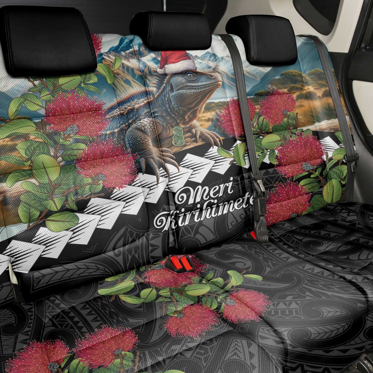 Meri Kirihimete Tuatara Back Car Seat Cover New Zealand Fern with Puhutukawa Flowers LT9 - Polynesian Pride