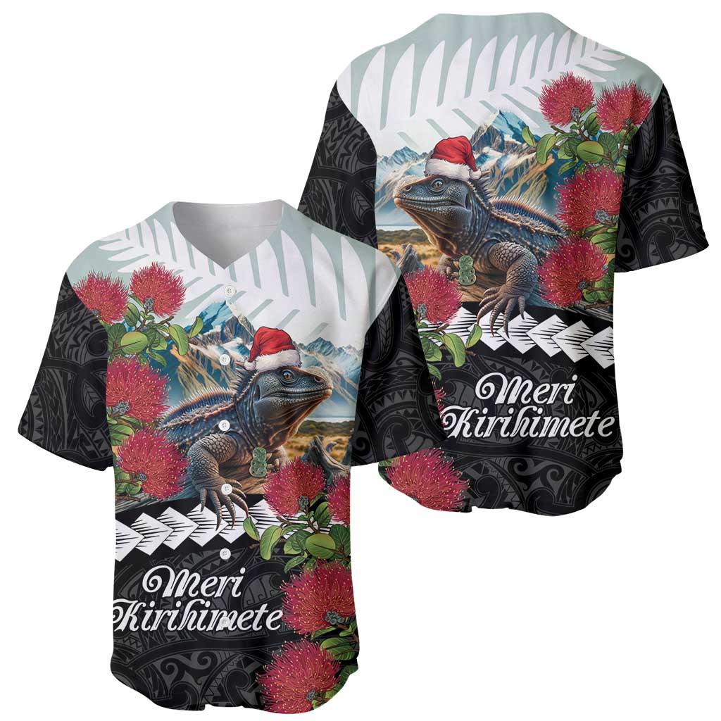 Meri Kirihimete Tuatara Baseball Jersey New Zealand Fern with Puhutukawa Flowers LT9 - Polynesian Pride