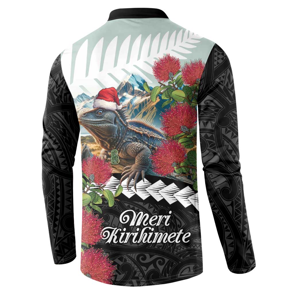 Meri Kirihimete Tuatara Button Sweatshirt New Zealand Fern with Puhutukawa Flowers