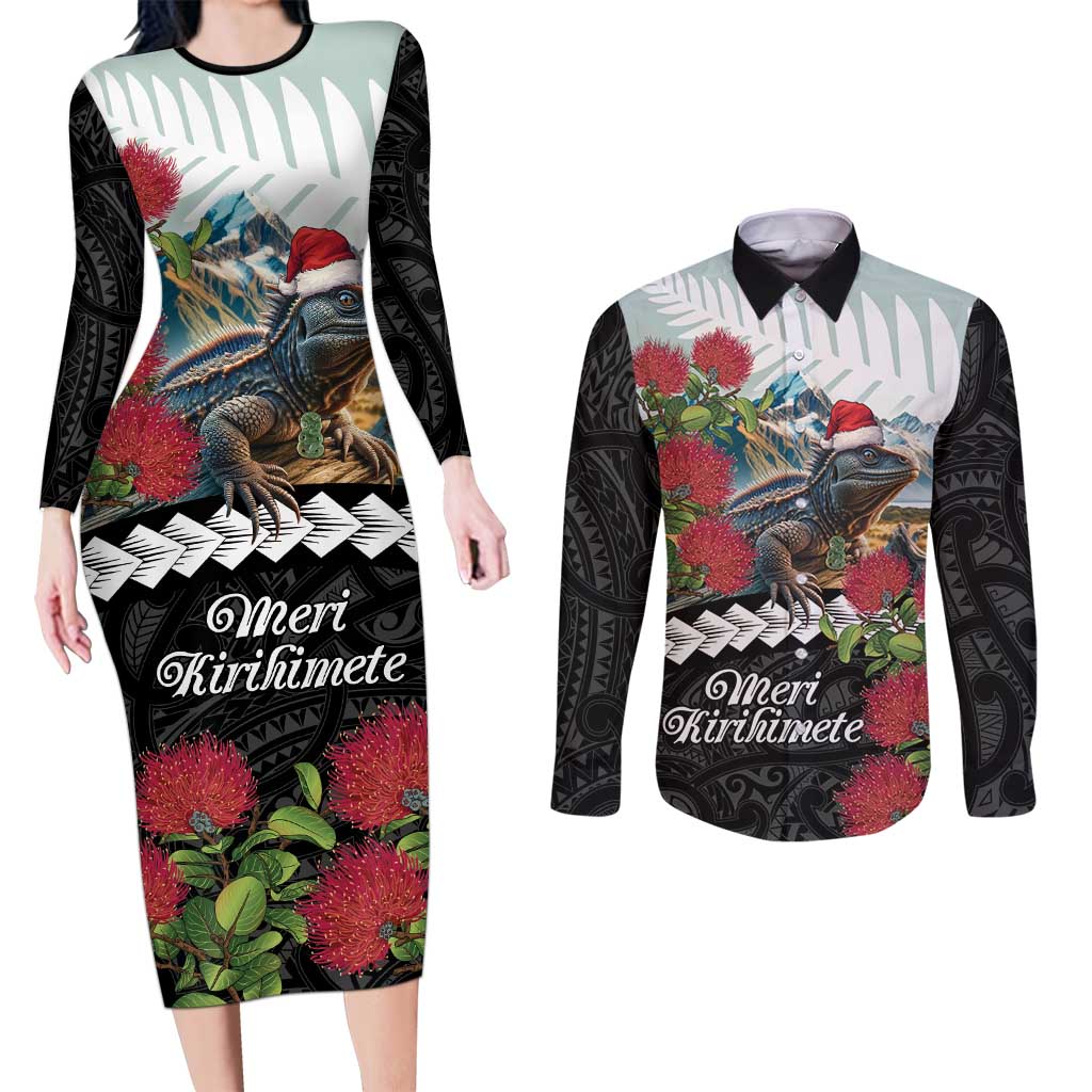 Meri Kirihimete Tuatara Couples Matching Long Sleeve Bodycon Dress and Long Sleeve Button Shirt New Zealand Fern with Puhutukawa Flowers LT9 Green - Polynesian Pride
