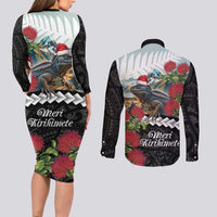 Meri Kirihimete Tuatara Couples Matching Long Sleeve Bodycon Dress and Long Sleeve Button Shirt New Zealand Fern with Puhutukawa Flowers LT9 - Polynesian Pride