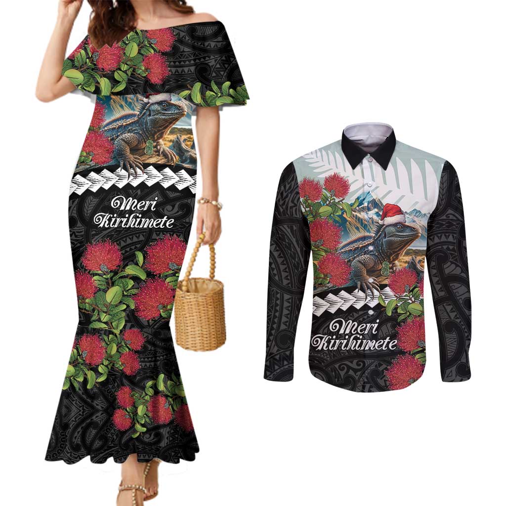 Meri Kirihimete Tuatara Couples Matching Mermaid Dress and Long Sleeve Button Shirt New Zealand Fern with Puhutukawa Flowers LT9 Green - Polynesian Pride