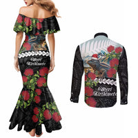 Meri Kirihimete Tuatara Couples Matching Mermaid Dress and Long Sleeve Button Shirt New Zealand Fern with Puhutukawa Flowers LT9 - Polynesian Pride