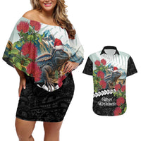 Meri Kirihimete Tuatara Couples Matching Off Shoulder Short Dress and Hawaiian Shirt New Zealand Fern with Puhutukawa Flowers LT9 Green - Polynesian Pride