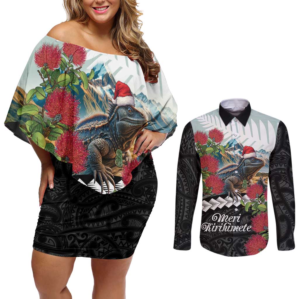 Meri Kirihimete Tuatara Couples Matching Off Shoulder Short Dress and Long Sleeve Button Shirt New Zealand Fern with Puhutukawa Flowers LT9 Green - Polynesian Pride
