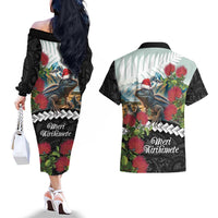 Meri Kirihimete Tuatara Couples Matching Off The Shoulder Long Sleeve Dress and Hawaiian Shirt New Zealand Fern with Puhutukawa Flowers LT9 - Polynesian Pride