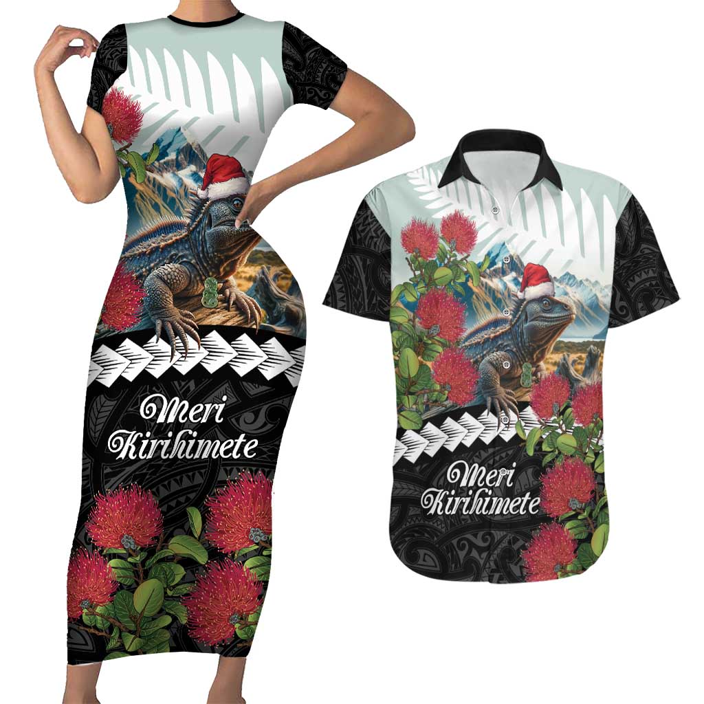 Meri Kirihimete Tuatara Couples Matching Short Sleeve Bodycon Dress and Hawaiian Shirt New Zealand Fern with Puhutukawa Flowers LT9 Green - Polynesian Pride