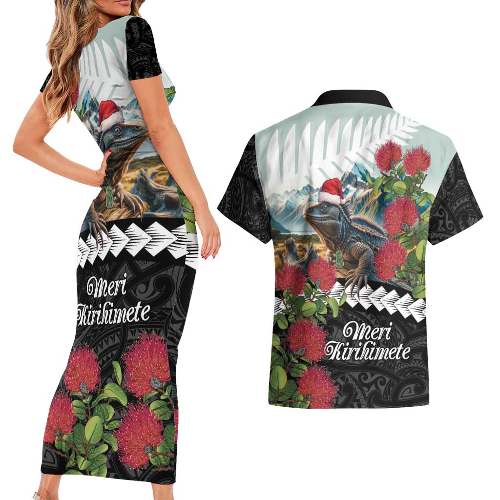 Meri Kirihimete Tuatara Couples Matching Short Sleeve Bodycon Dress and Hawaiian Shirt New Zealand Fern with Puhutukawa Flowers LT9 - Polynesian Pride
