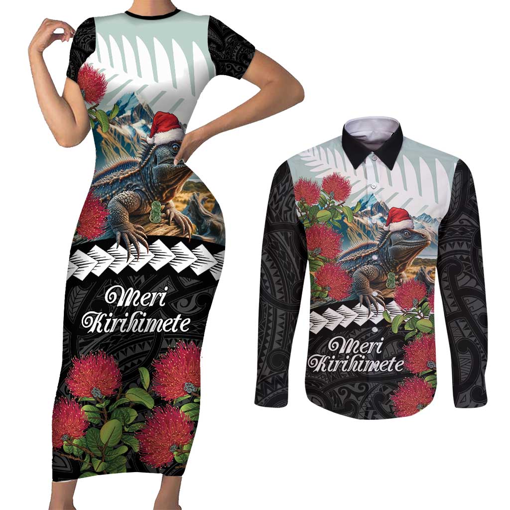 Meri Kirihimete Tuatara Couples Matching Short Sleeve Bodycon Dress and Long Sleeve Button Shirt New Zealand Fern with Puhutukawa Flowers LT9 Green - Polynesian Pride