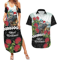 Meri Kirihimete Tuatara Couples Matching Summer Maxi Dress and Hawaiian Shirt New Zealand Fern with Puhutukawa Flowers LT9 Green - Polynesian Pride