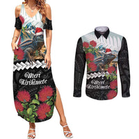 Meri Kirihimete Tuatara Couples Matching Summer Maxi Dress and Long Sleeve Button Shirt New Zealand Fern with Puhutukawa Flowers LT9 Green - Polynesian Pride