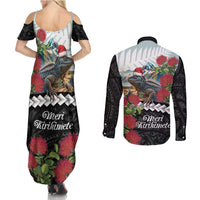 Meri Kirihimete Tuatara Couples Matching Summer Maxi Dress and Long Sleeve Button Shirt New Zealand Fern with Puhutukawa Flowers LT9 - Polynesian Pride