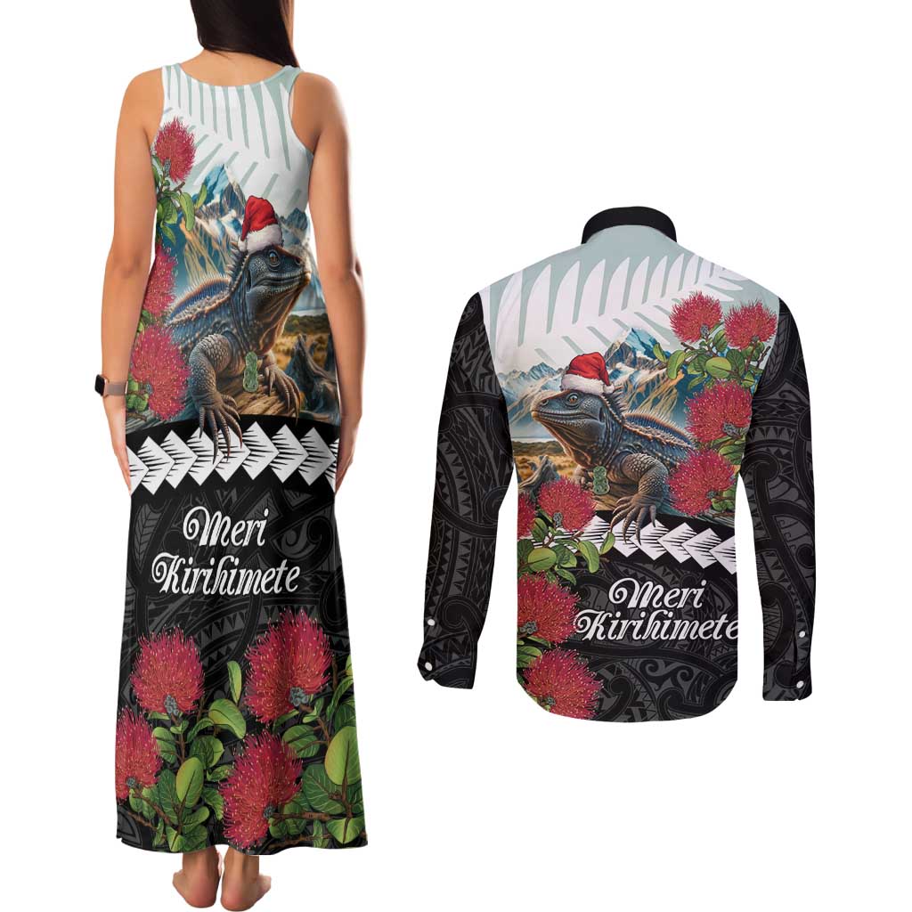 Meri Kirihimete Tuatara Couples Matching Tank Maxi Dress and Long Sleeve Button Shirt New Zealand Fern with Puhutukawa Flowers LT9 - Polynesian Pride