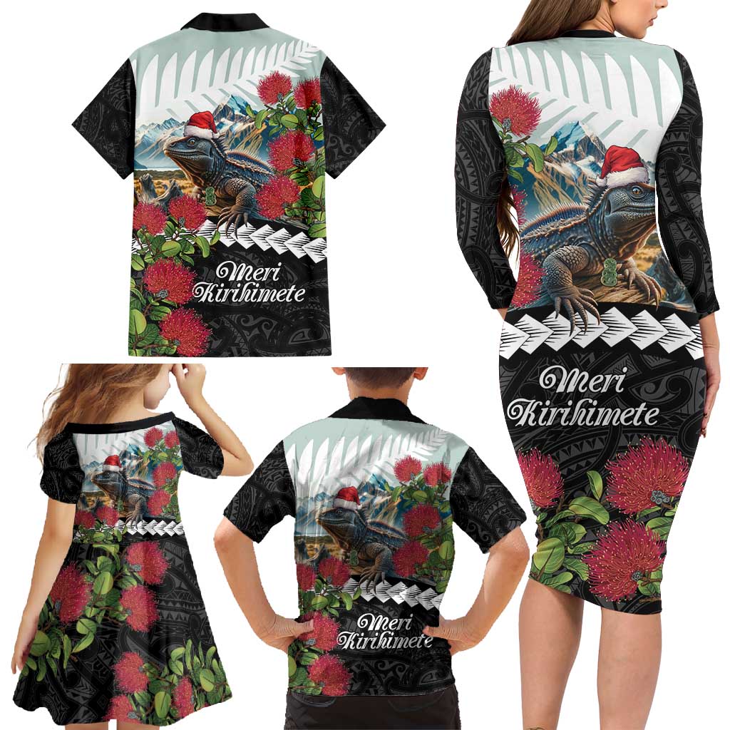 Meri Kirihimete Tuatara Family Matching Long Sleeve Bodycon Dress and Hawaiian Shirt New Zealand Fern with Puhutukawa Flowers LT9 - Polynesian Pride