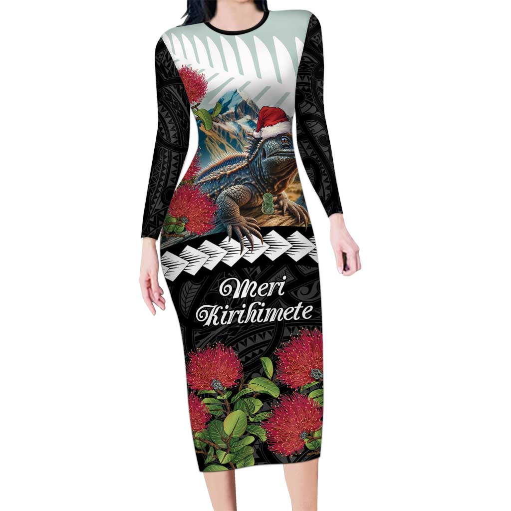 Meri Kirihimete Tuatara Family Matching Long Sleeve Bodycon Dress and Hawaiian Shirt New Zealand Fern with Puhutukawa Flowers LT9 Mom's Dress Green - Polynesian Pride