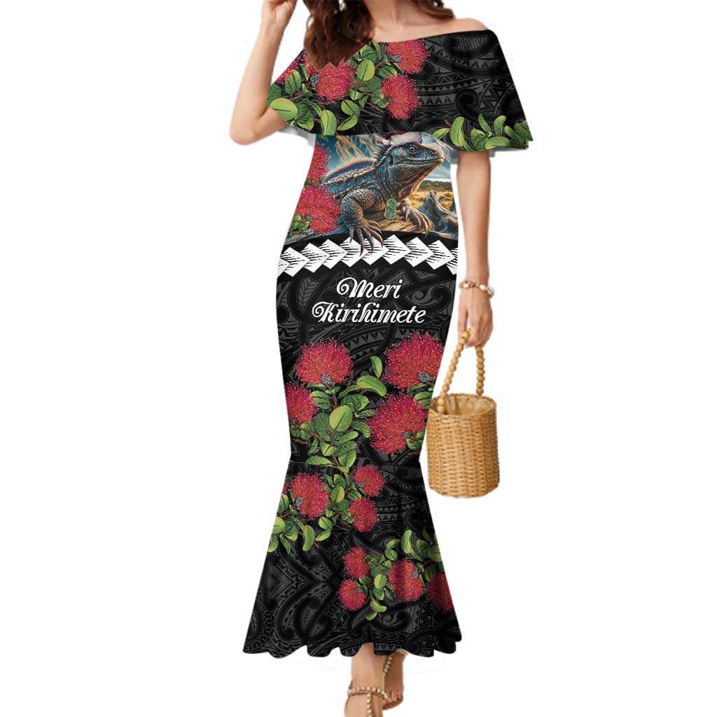 Meri Kirihimete Tuatara Family Matching Mermaid Dress and Hawaiian Shirt New Zealand Fern with Puhutukawa Flowers LT9 Mom's Dress Green - Polynesian Pride