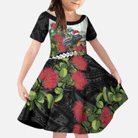 Meri Kirihimete Tuatara Family Matching Off The Shoulder Long Sleeve Dress and Hawaiian Shirt New Zealand Fern with Puhutukawa Flowers LT9 Daughter's Dress Green - Polynesian Pride