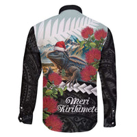 Meri Kirihimete Tuatara Family Matching Off The Shoulder Long Sleeve Dress and Hawaiian Shirt New Zealand Fern with Puhutukawa Flowers LT9 - Polynesian Pride