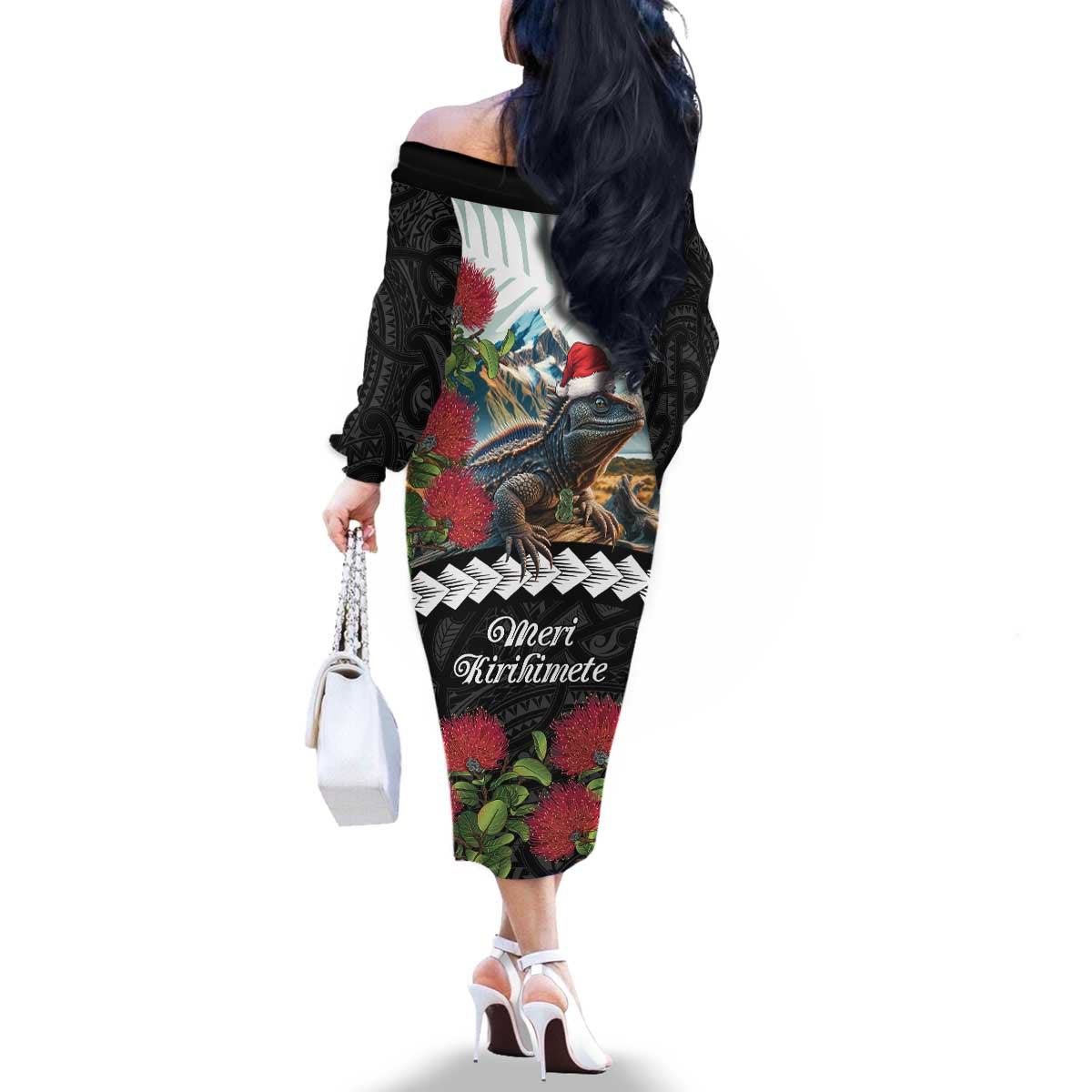Meri Kirihimete Tuatara Family Matching Off The Shoulder Long Sleeve Dress and Hawaiian Shirt New Zealand Fern with Puhutukawa Flowers LT9 - Polynesian Pride