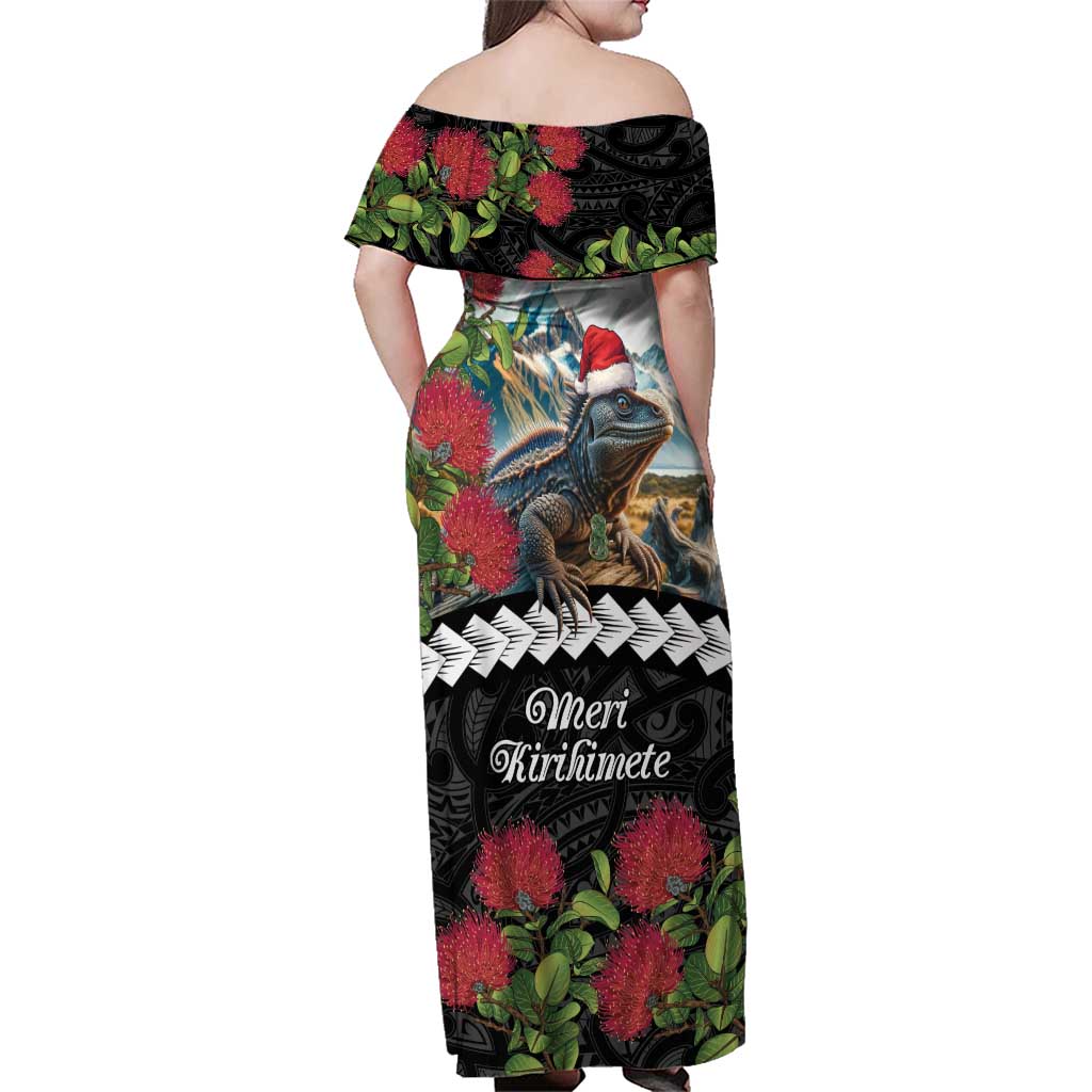 Meri Kirihimete Tuatara Family Matching Off Shoulder Maxi Dress and Hawaiian Shirt New Zealand Fern with Puhutukawa Flowers LT9 - Polynesian Pride