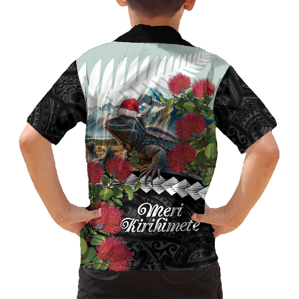 Meri Kirihimete Tuatara Family Matching Off Shoulder Short Dress and Hawaiian Shirt New Zealand Fern with Puhutukawa Flowers LT9 - Polynesian Pride