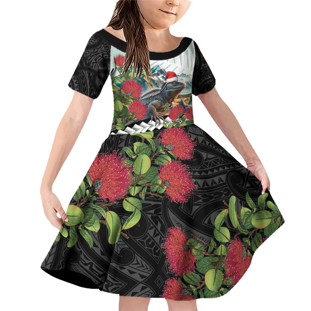Meri Kirihimete Tuatara Family Matching Off Shoulder Short Dress and Hawaiian Shirt New Zealand Fern with Puhutukawa Flowers LT9 Daughter's Dress Green - Polynesian Pride