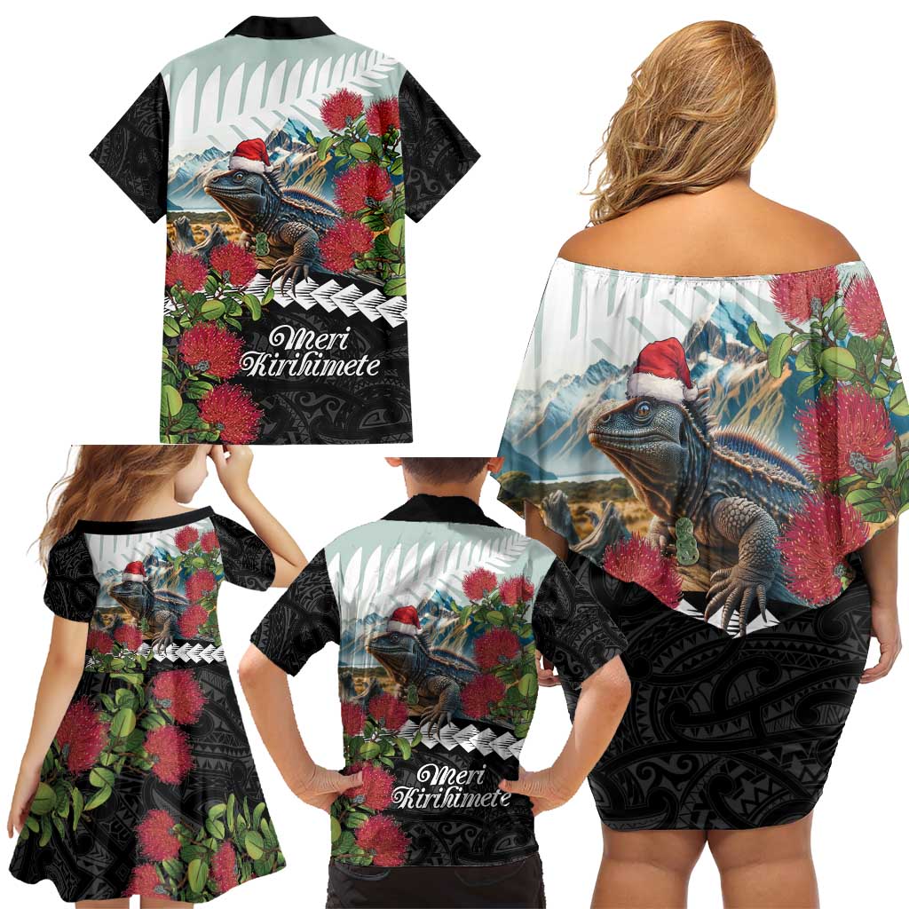 Meri Kirihimete Tuatara Family Matching Off Shoulder Short Dress and Hawaiian Shirt New Zealand Fern with Puhutukawa Flowers LT9 - Polynesian Pride