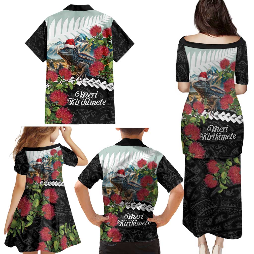 Meri Kirihimete Tuatara Family Matching Puletasi and Hawaiian Shirt New Zealand Fern with Puhutukawa Flowers LT9 - Polynesian Pride