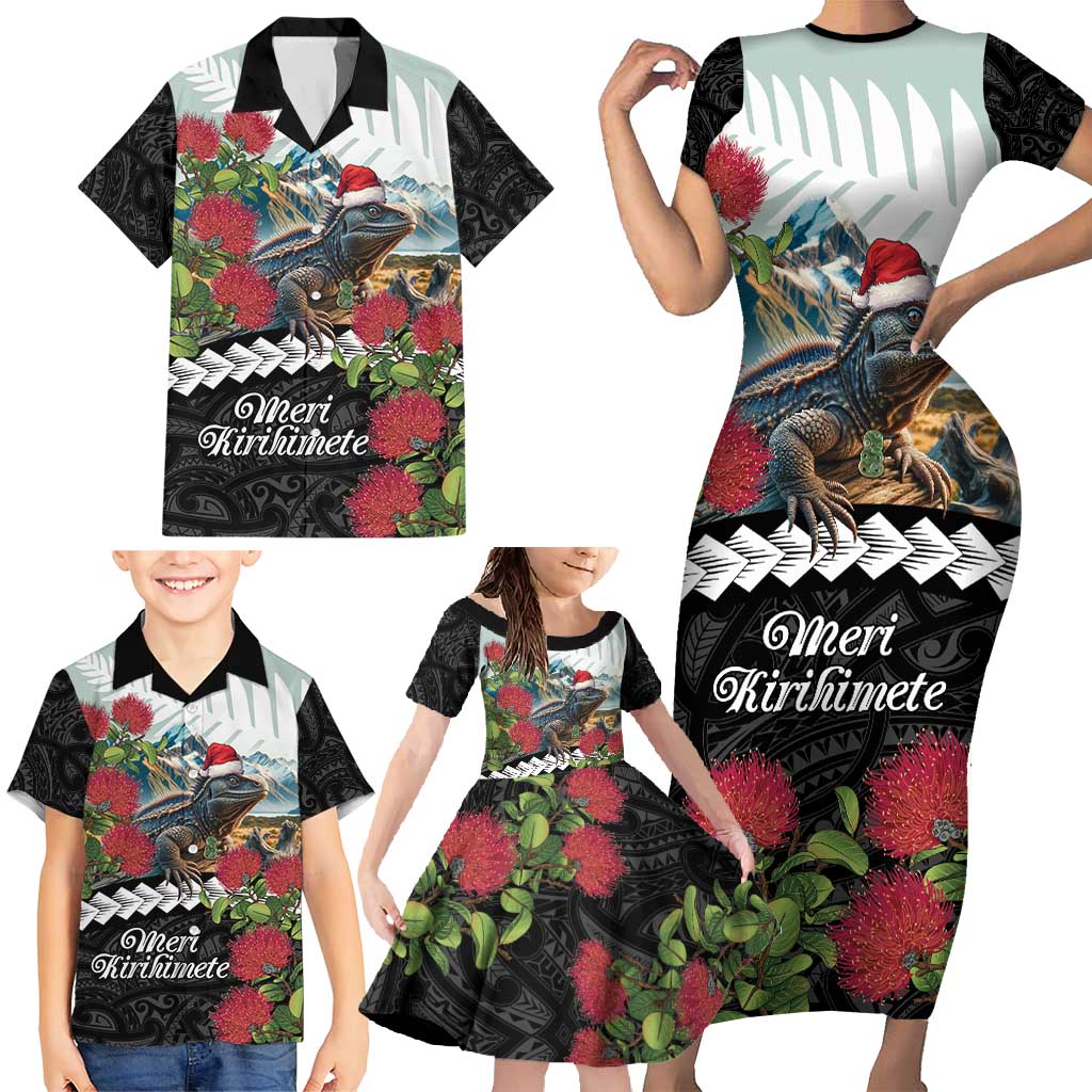 Meri Kirihimete Tuatara Family Matching Short Sleeve Bodycon Dress and Hawaiian Shirt New Zealand Fern with Puhutukawa Flowers LT9 - Polynesian Pride
