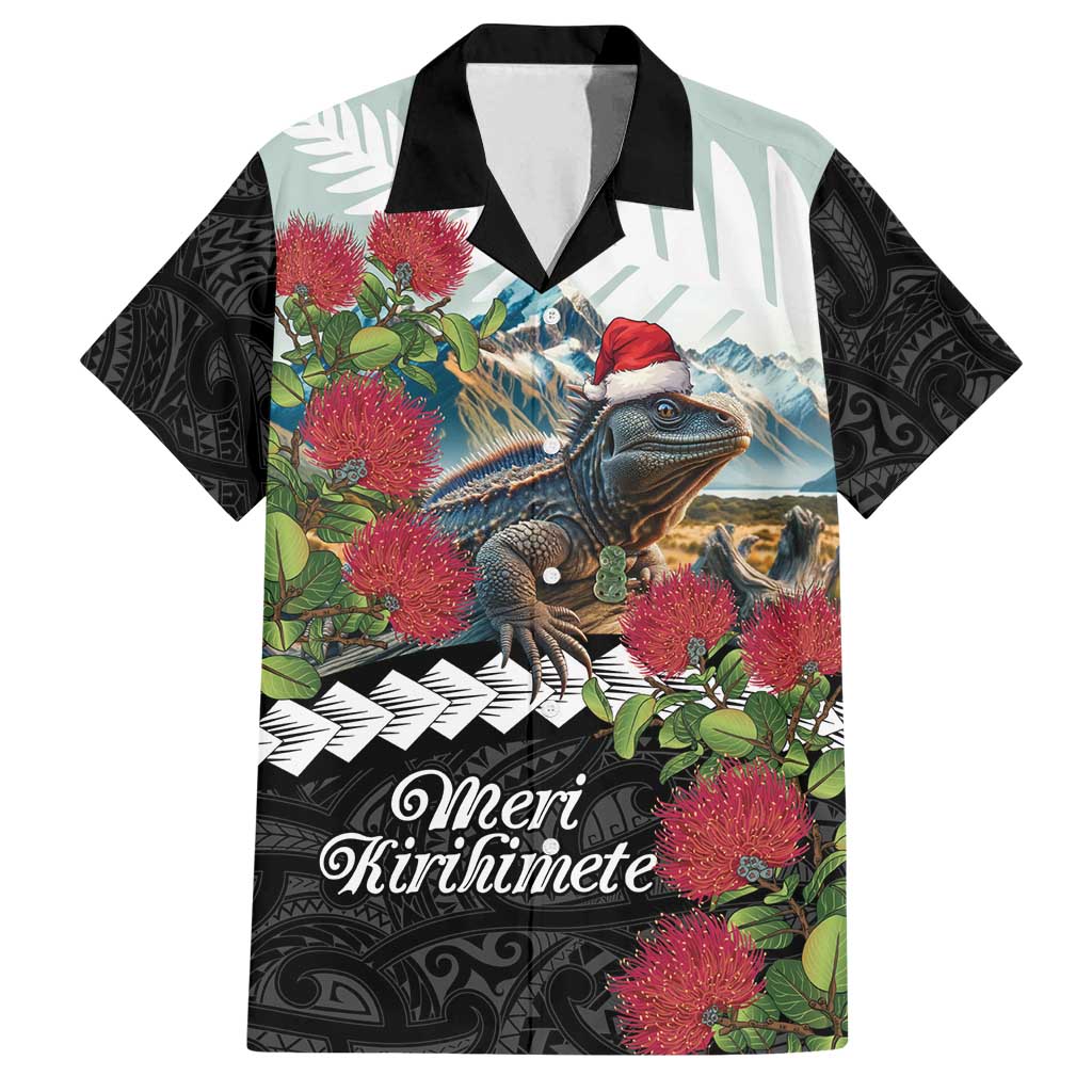 Meri Kirihimete Tuatara Family Matching Summer Maxi Dress and Hawaiian Shirt New Zealand Fern with Puhutukawa Flowers LT9 Dad's Shirt - Short Sleeve Green - Polynesian Pride
