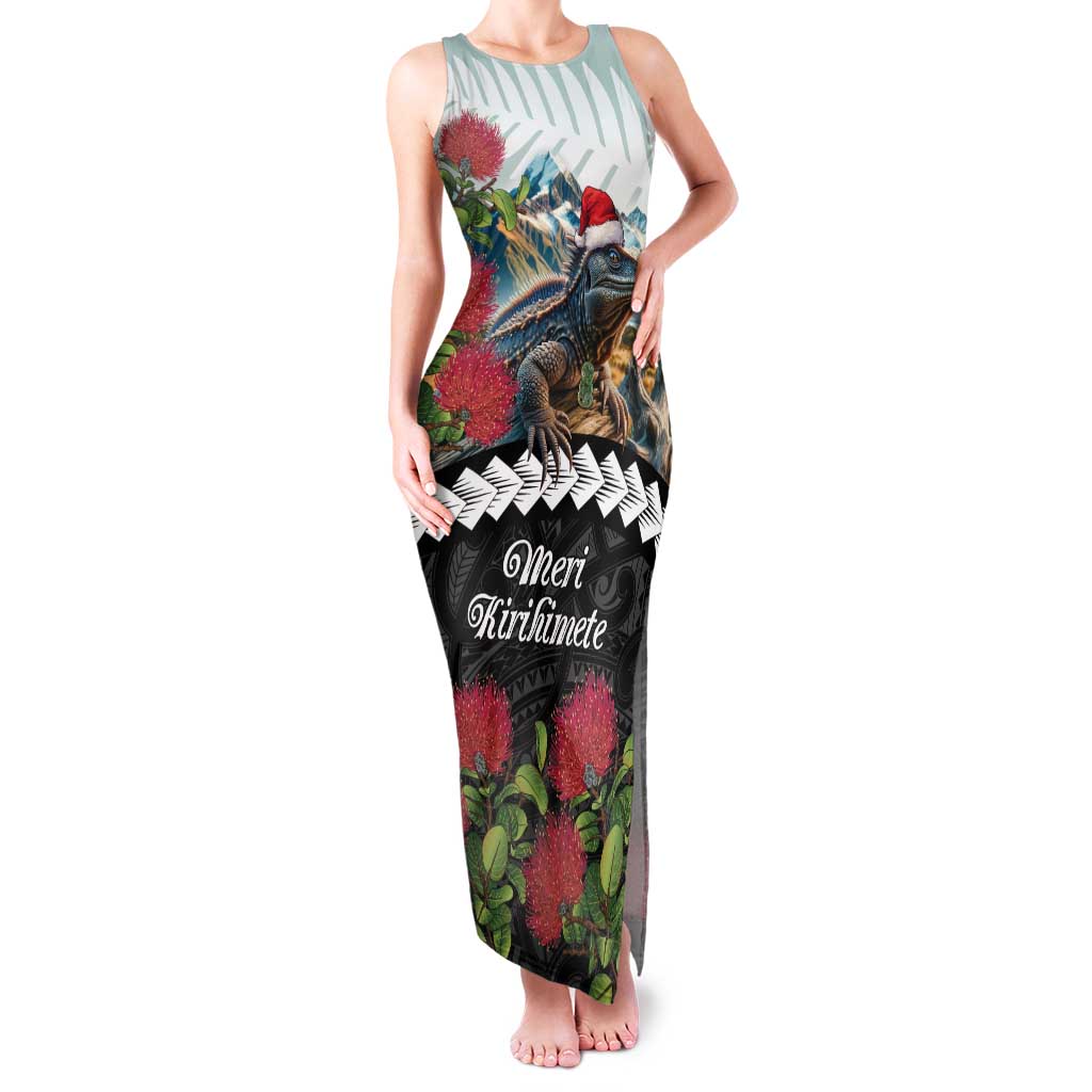 Meri Kirihimete Tuatara Family Matching Tank Maxi Dress and Hawaiian Shirt New Zealand Fern with Puhutukawa Flowers LT9 Mom's Dress Green - Polynesian Pride