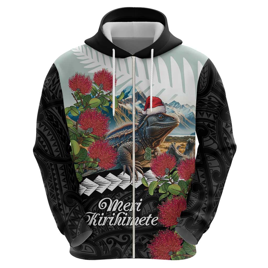Meri Kirihimete Tuatara Hoodie New Zealand Fern with Puhutukawa Flowers LT9 - Polynesian Pride