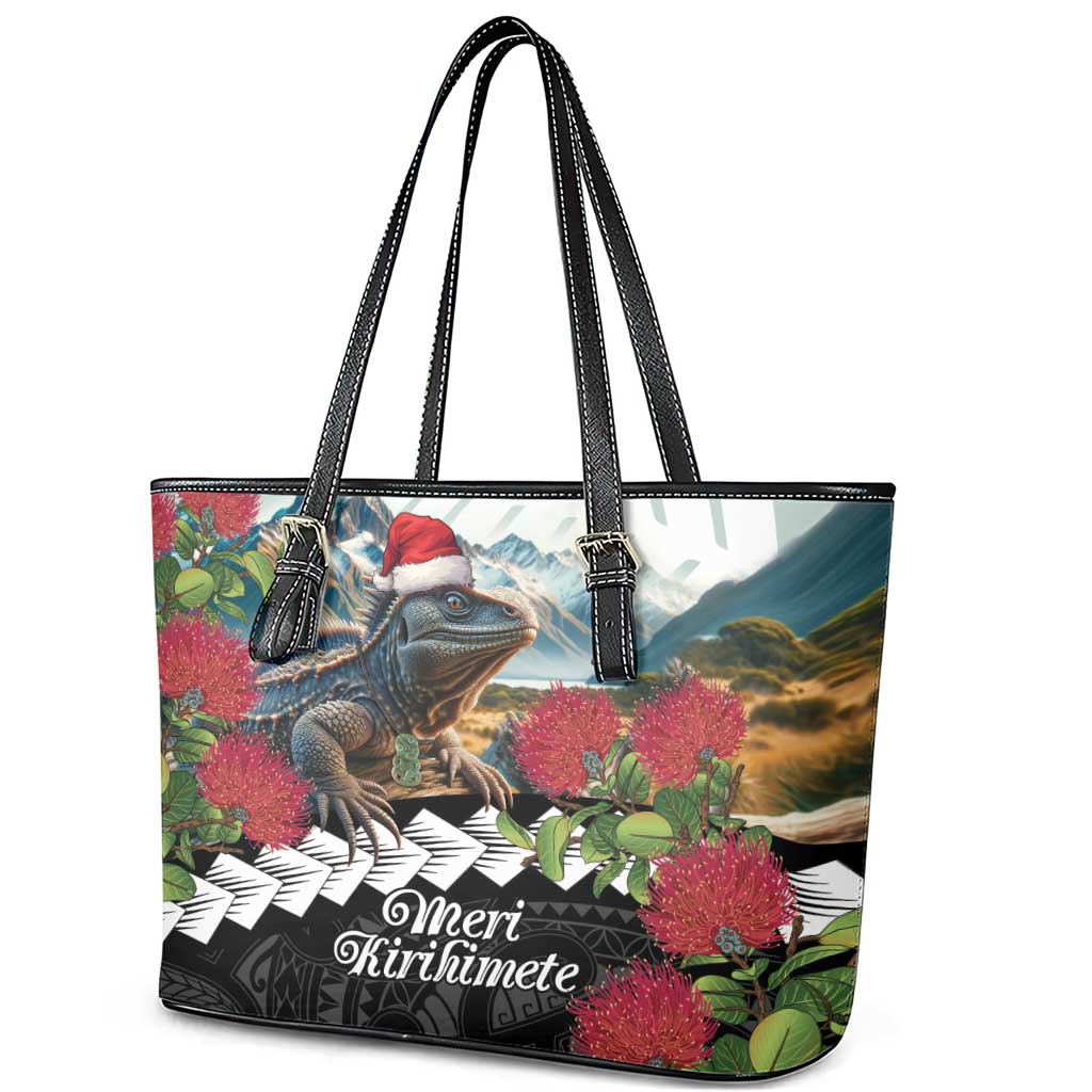 Meri Kirihimete Tuatara Leather Tote Bag New Zealand Fern with Puhutukawa Flowers LT9 - Polynesian Pride